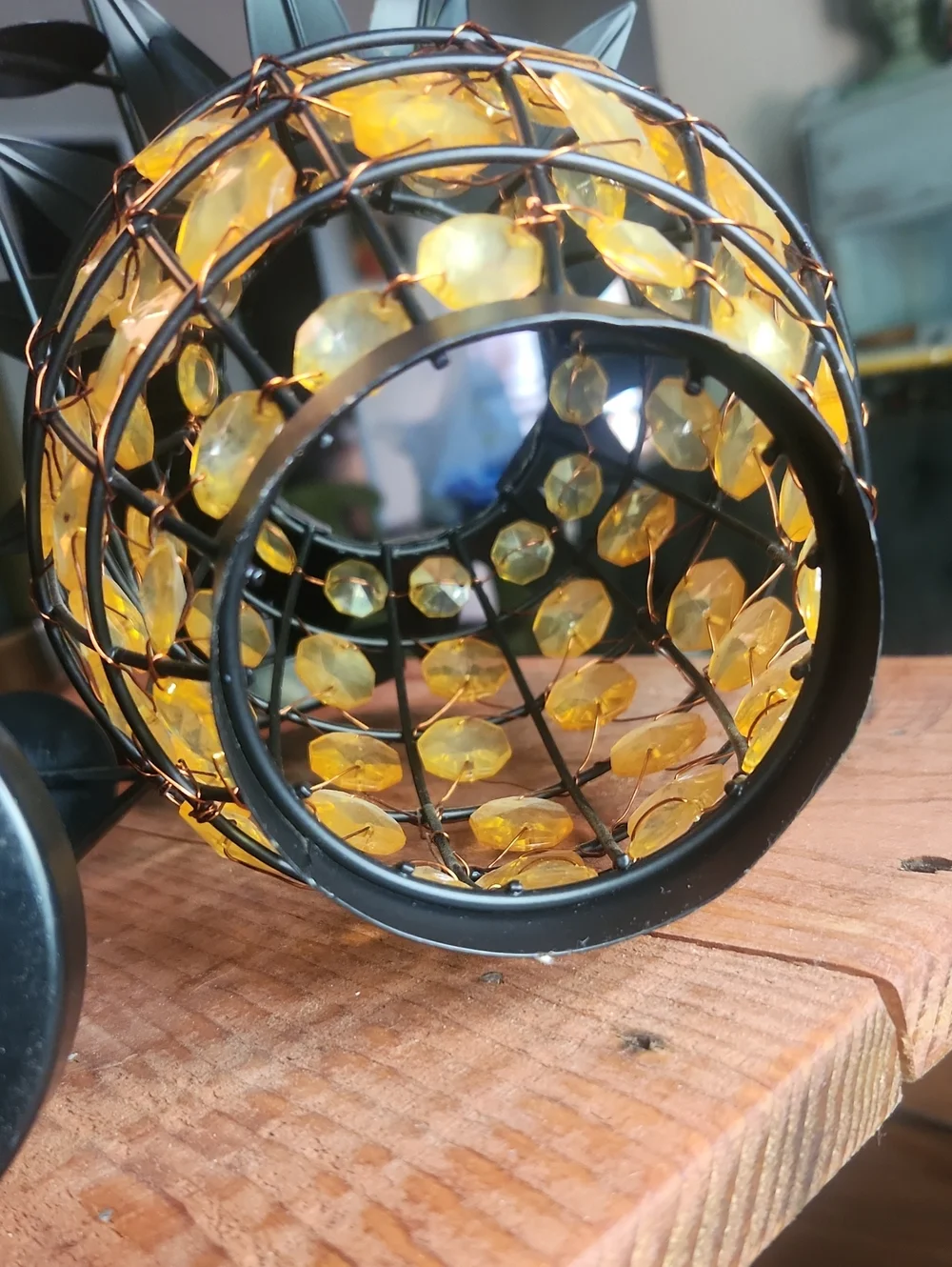 Set of 2 Metal Pineapple Candle Lanterns Amber Crystal Beads Bronze
